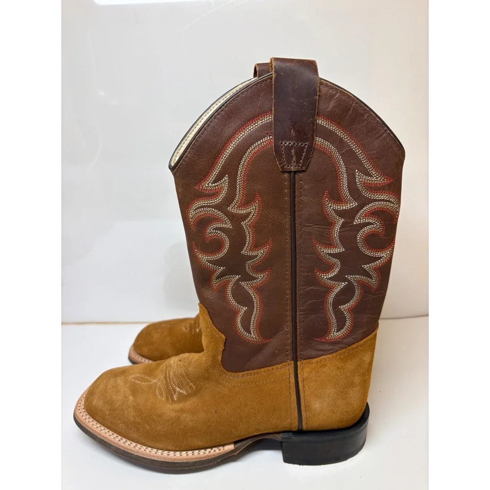 Old West Youth BSY1987 Brown Suede Leather Square Toe Cowboy Boots Size 4 D